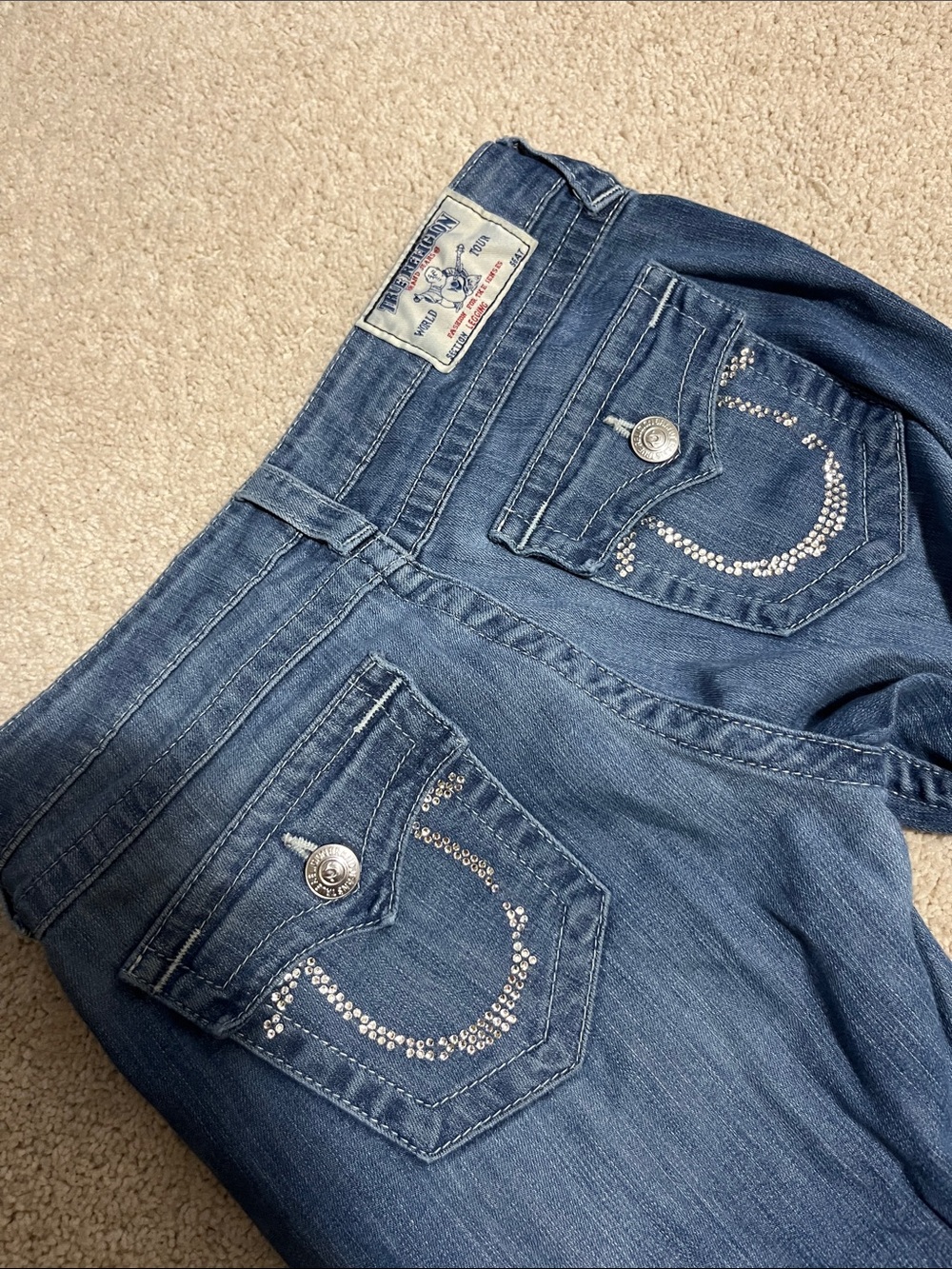 True Religion Women's Blue Skinny Jeans with Rhinestone Pockets